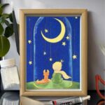 A tender moment under a crescent moon — the Little Prince and his fox gazing at the stars. A dreamy tribute to childhood wonder.