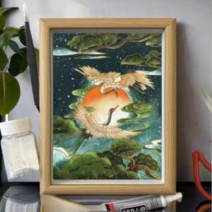 A poised crane in flight, rising with the hues of morning — pale gold, soft white, and sky blue.
