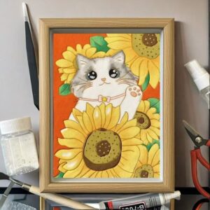 A fluffy kitten peeking through sunflowers — bright eyes, soft fur, and pure joy.