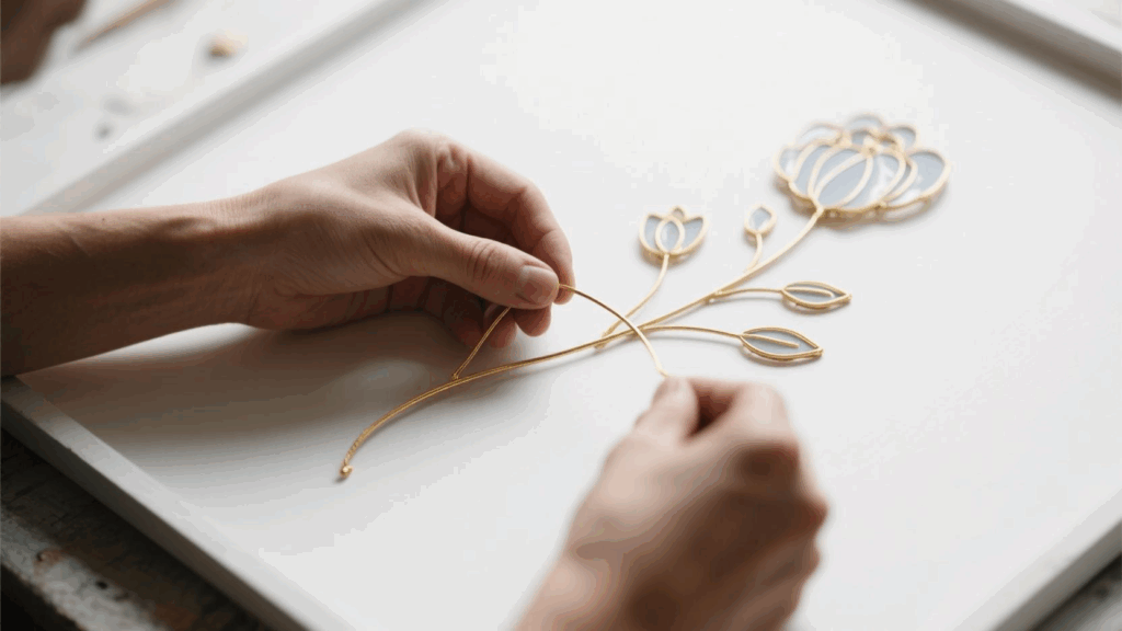 Artistic close-up of hands bending thin gold wire into a floral outline on a clean white board, natural lighting, minimal background, modern craft studio